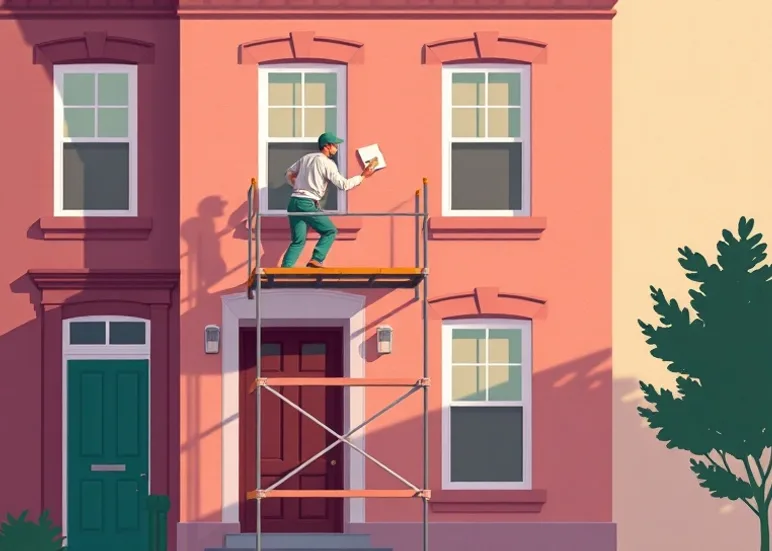 Peintre sur échafaudage traitant la façade d'une maison