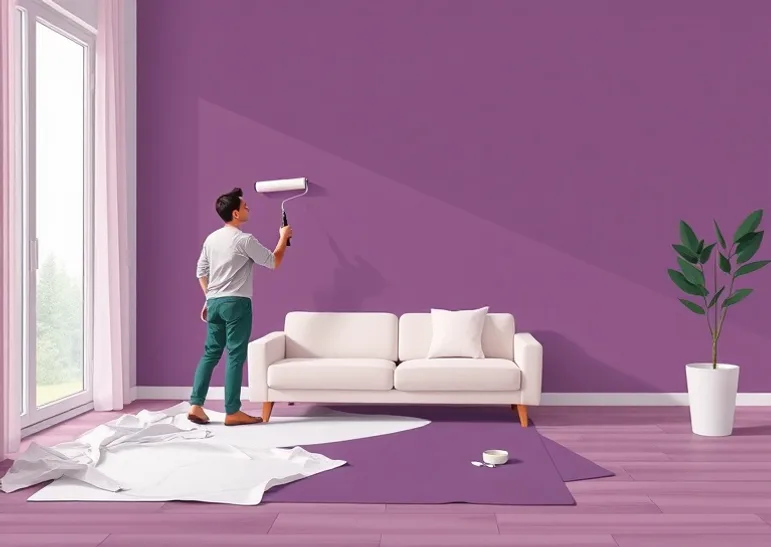 Peintre appliquant la peinture au rouleau sur un mur de salon